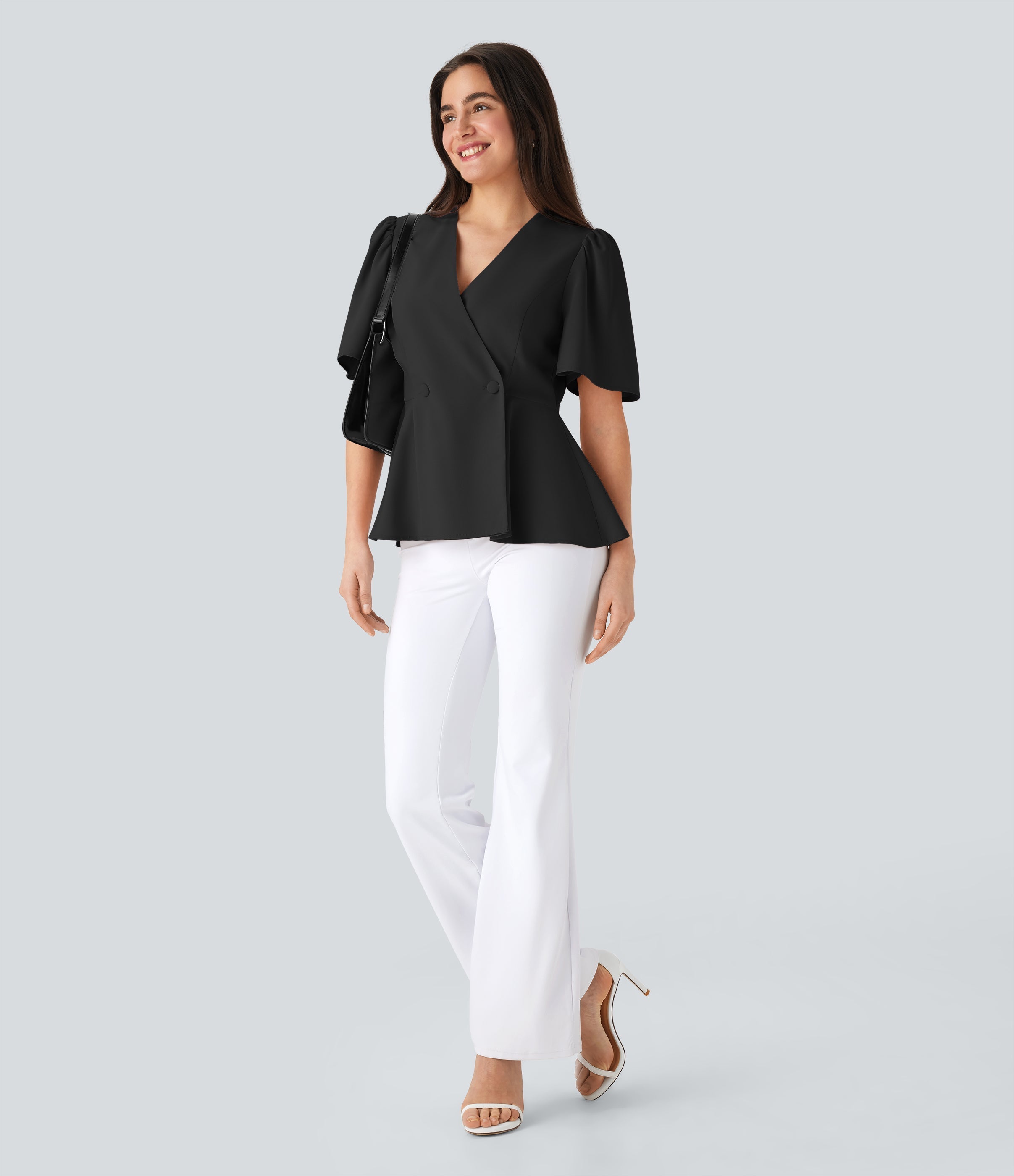 V Neck Short Sleeve Ruffle Hem Work Top