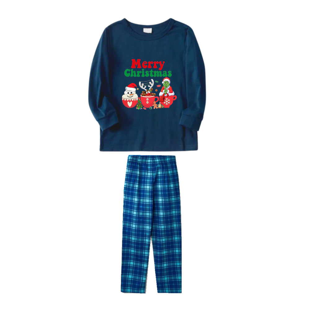 Christmas Family Matching Pajamas-Navy & Sky Blue Plaid Pjs Set with Grinch and "Merry Christmas" Print