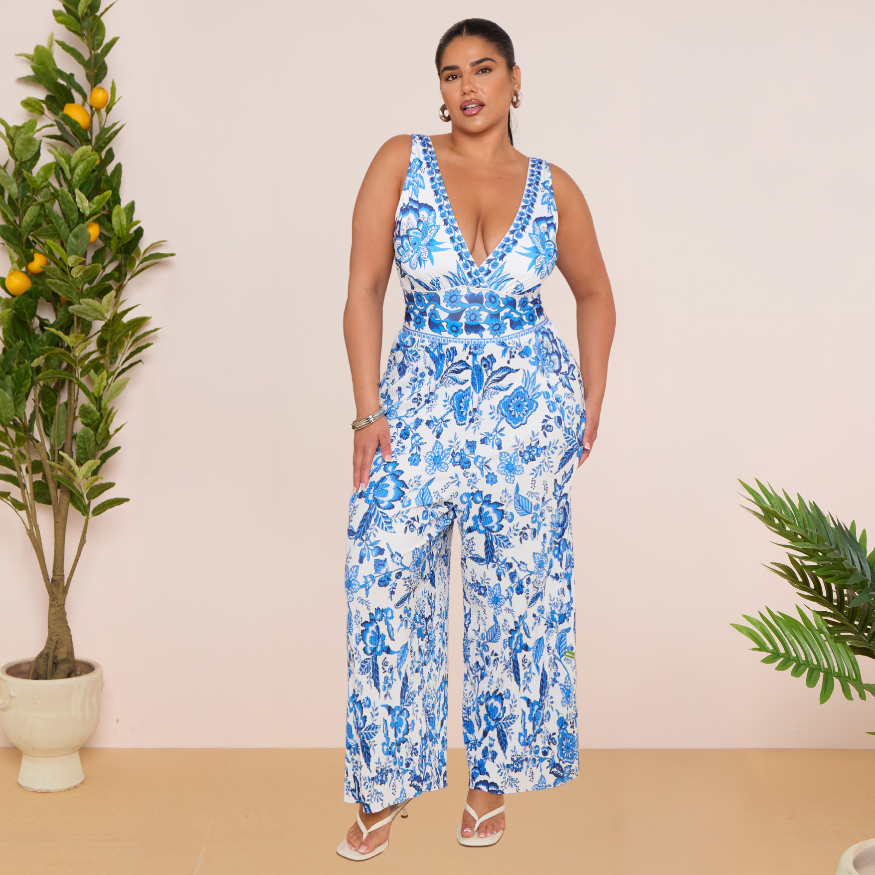 Chic Indigo Botanical Print One-Piece Swimsuit&Pants