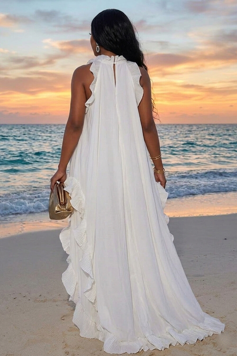 Mock Neck Sleeveless Ruffle Loose Fit Vacation Maxi Dresses-White