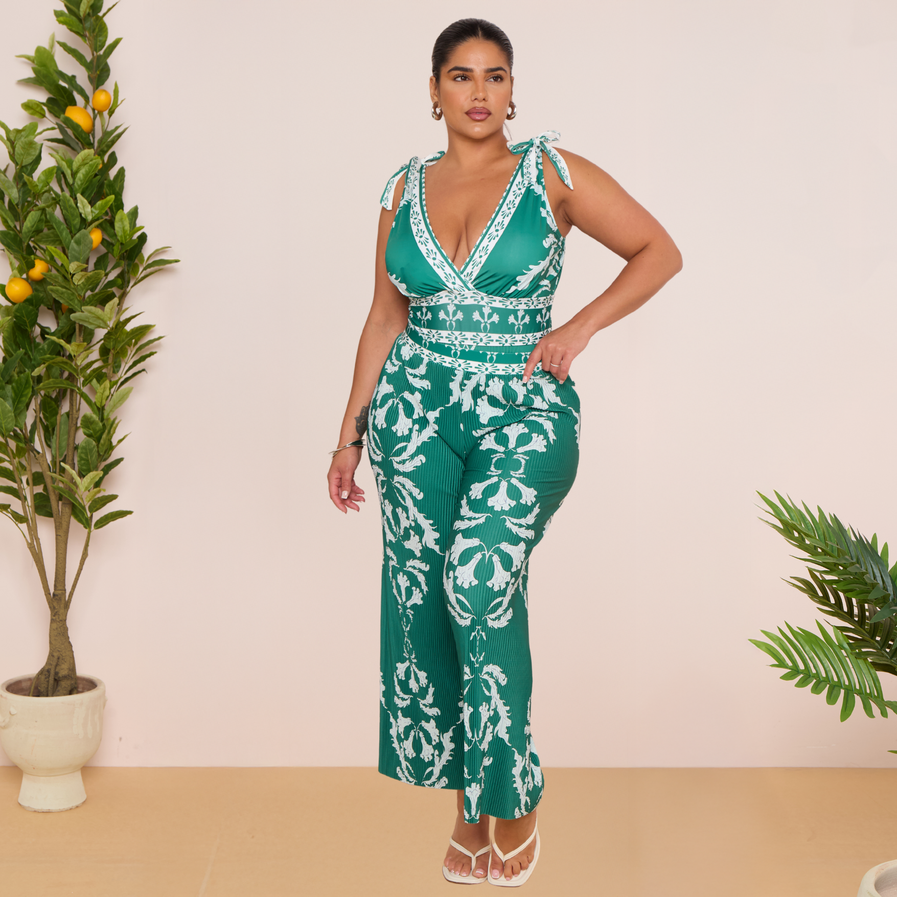 Green Flowy Floral Tie-shoulder Swimsuit&Pants
