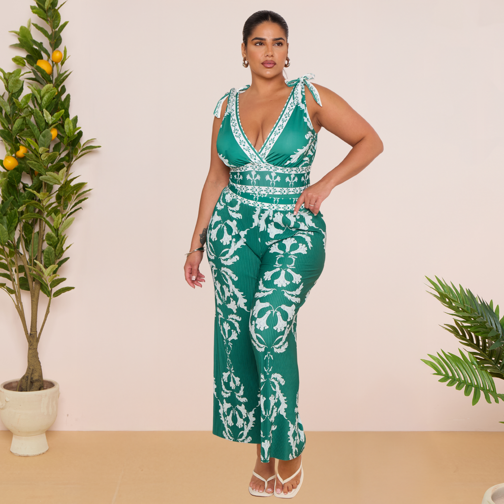 Green Flowy Floral Tie-shoulder Swimsuit&Skirt&Pants