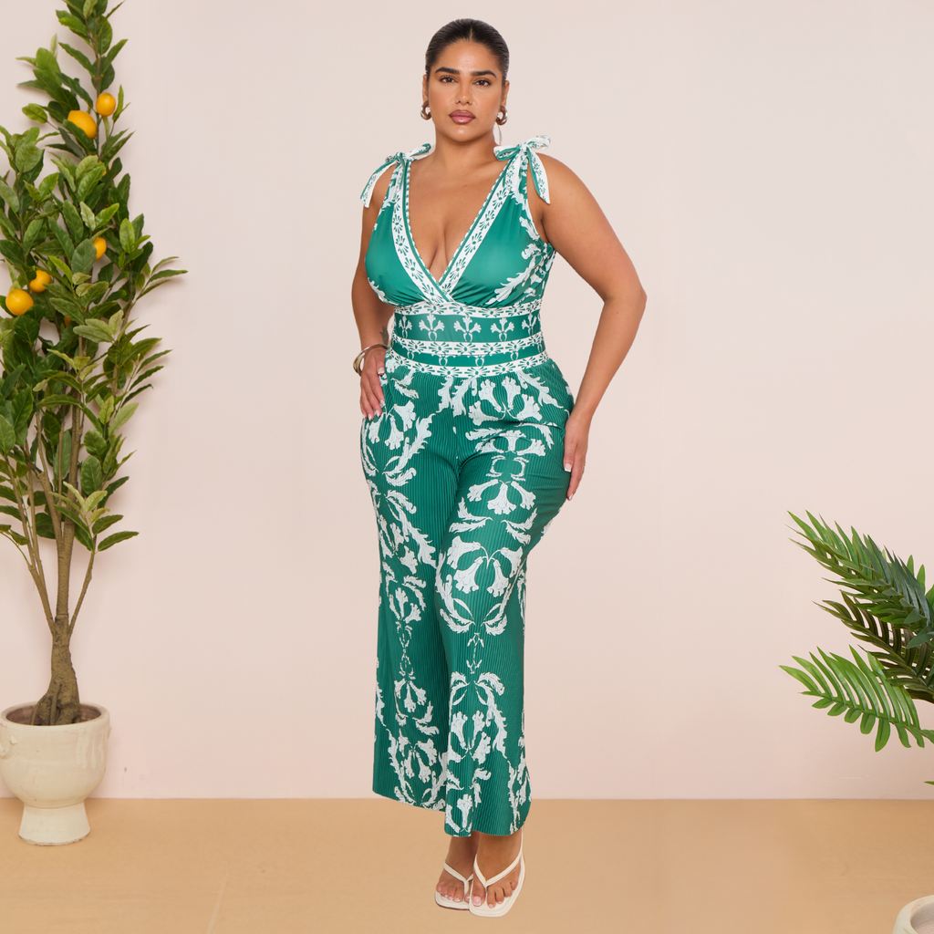 Green Flowy Floral Tie-shoulder Swimsuit&Pants