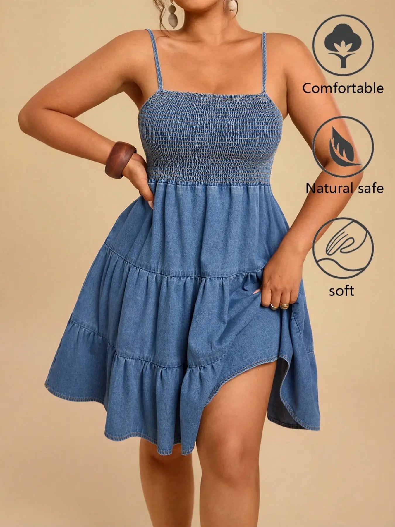 Women's Sweet Boho Style Plus Size Soft Denim Halter Dress, Thin Straps, Square Neck, Summer Floral Print, Fuzzy Denim Skirt