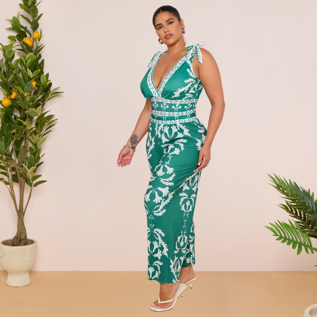 Green Flowy Floral Tie-shoulder Swimsuit&Pants