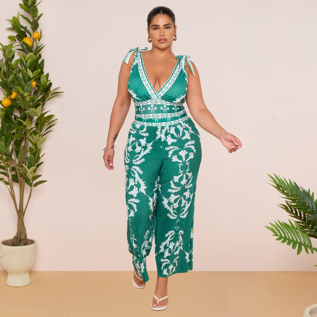 Green Flowy Floral Tie-shoulder Swimsuit&Pants