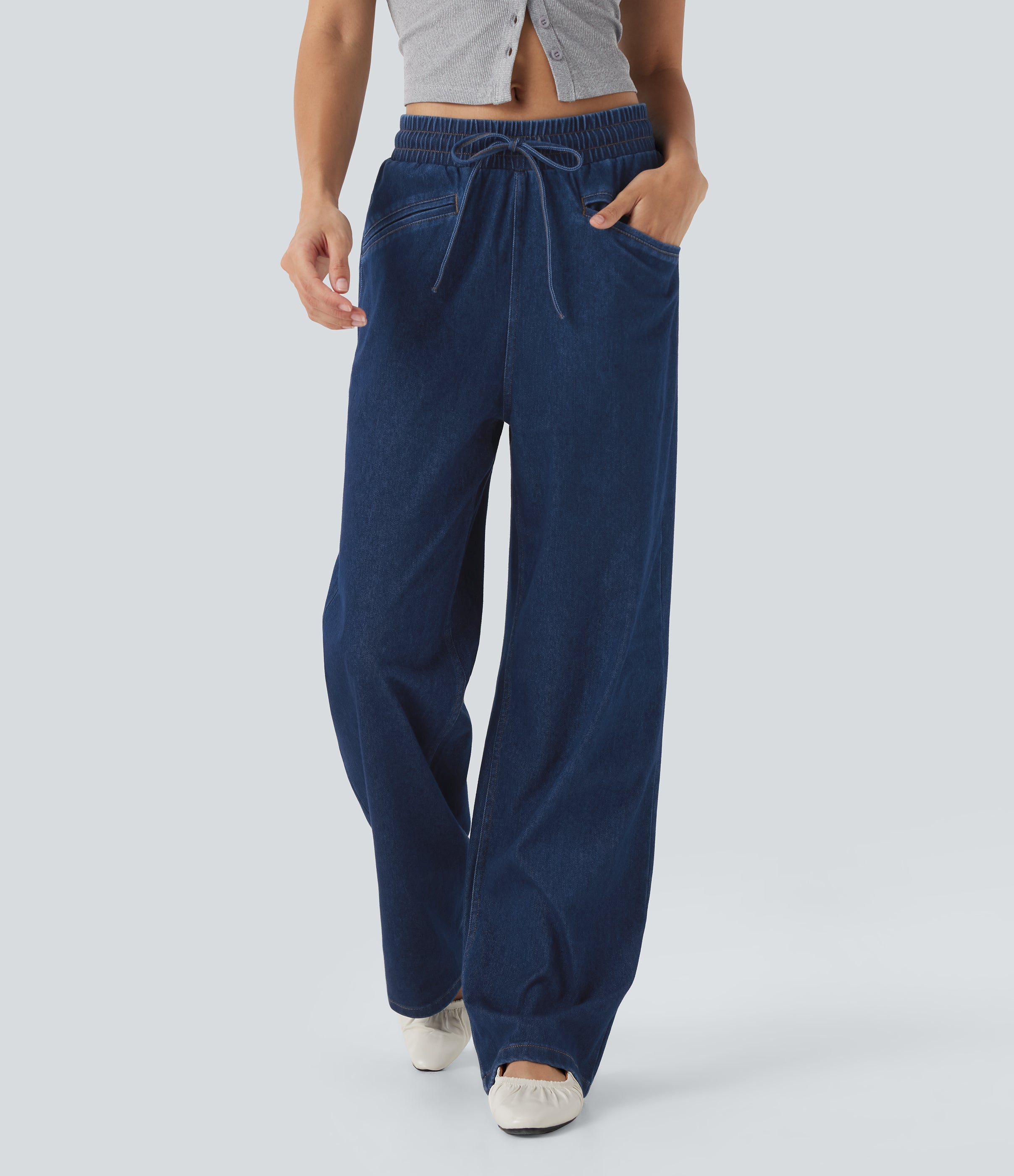 FlexTM High Waisted Drawstring Wide Leg Cool Touch Casual Jeans with Pockets