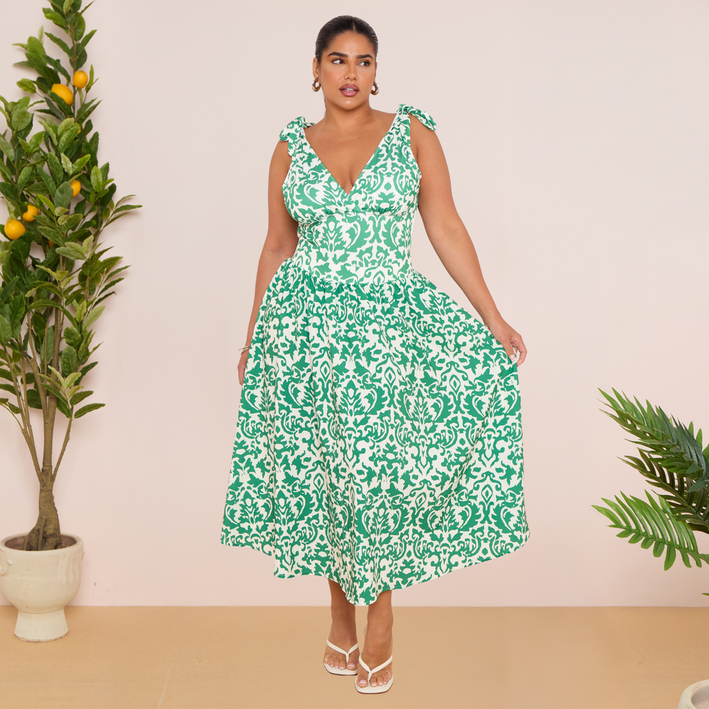 Green Boho Breeze Floral Tie-shoulder One Piece Swimsuit&Skirt
