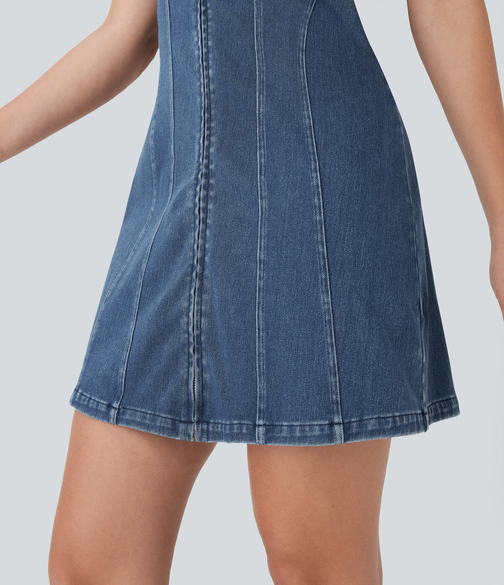 FlexTM Square Neck Short Sleeve Zipper Denim Mini Casual Dress