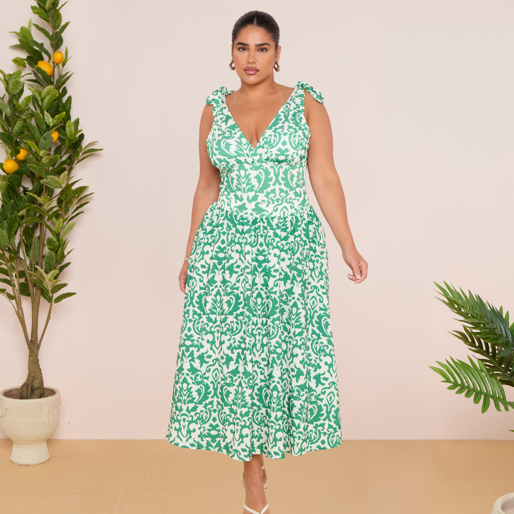 Green Boho Breeze Floral Tie-shoulder One Piece Swimsuit&Skirt