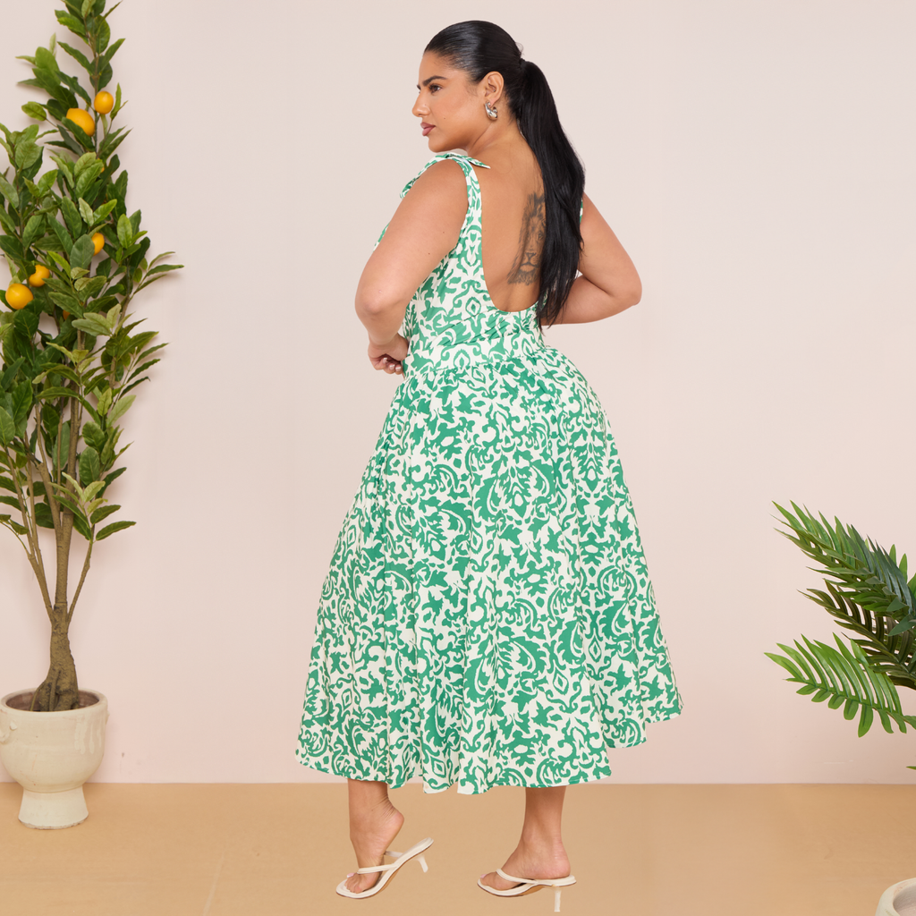 Green Boho Breeze Floral Tie-shoulder One Piece Swimsuit&Skirt