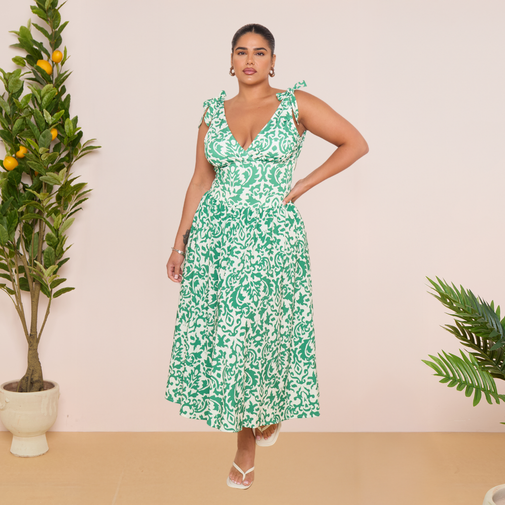 Green Boho Breeze Floral Tie-shoulder One Piece Swimsuit&Skirt