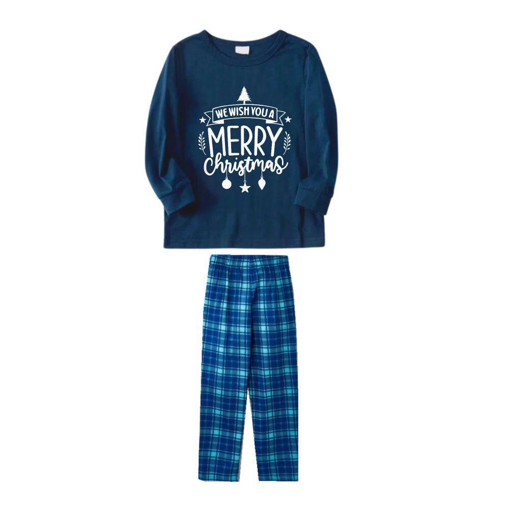 Christmas Family Matching Pajamas-Navy & Sky Blue Plaid Pjs Set with "We Wish You A Merry Christmas" Slogan Print