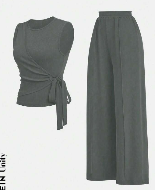 Women's Solid Knot Front Tank Top & Wide Leg Pants Set