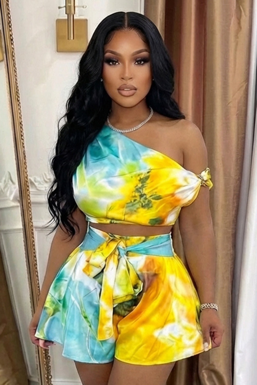 One Shoulder Top High Waist Shorts Casual 2pcs Set-Multicolor
