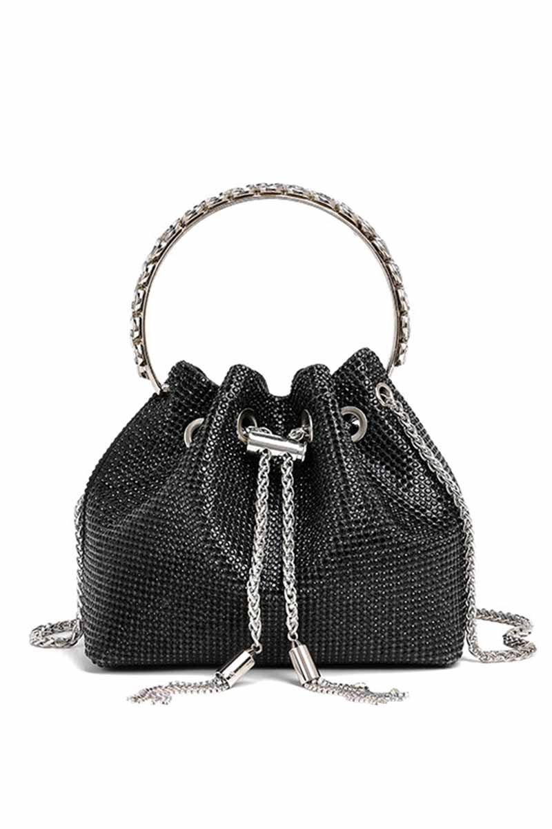 Rhinestone Drawstring Metal Chain Fringe Dinner Party Handbag