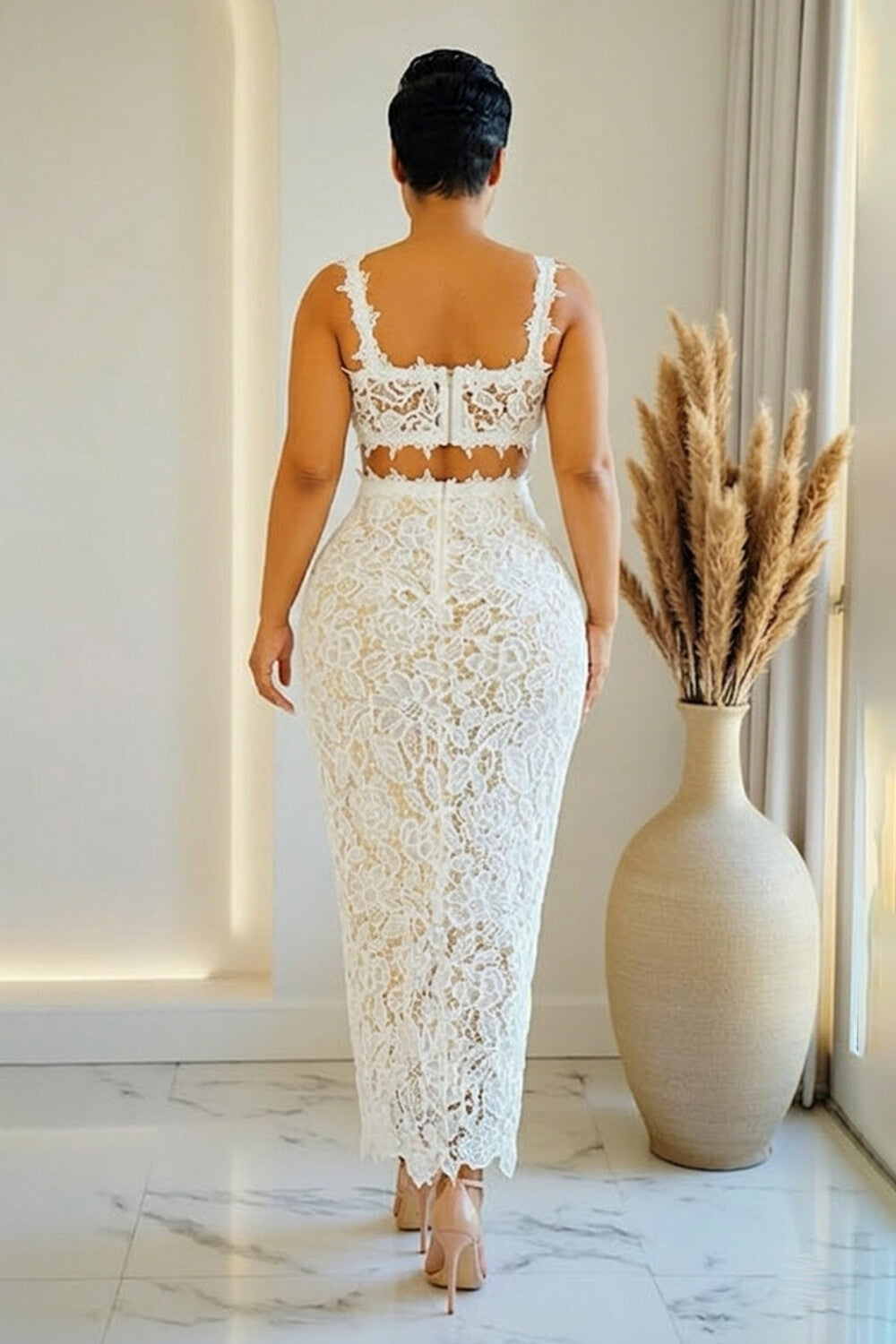 Lace Square Neck Crop Top Bodycon Maxi Skirt Gowns 2pcs Set-White
