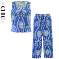 Blue Tropical Palm Leaf Patterns Vest Top & Pleated Pants