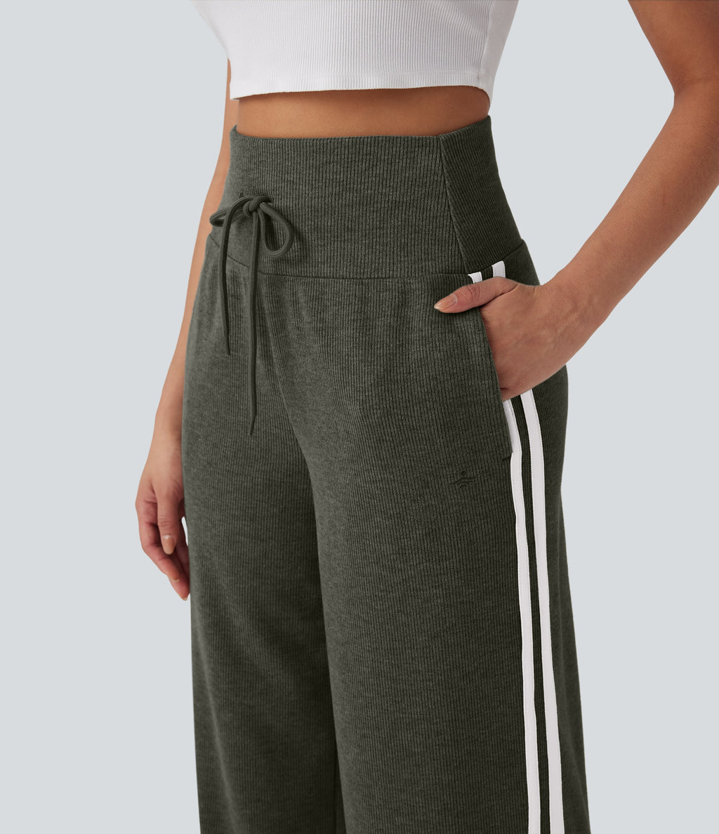 2026🔥 Ribbed SoCinched High Waisted Tummy Control Drawstring Wide Leg Color Block Casual Trousers with Pockets