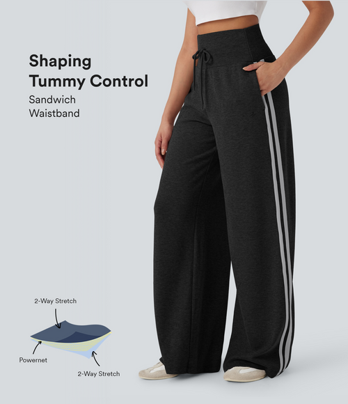 2026🔥 Ribbed SoCinched High Waisted Tummy Control Drawstring Wide Leg Color Block Casual Trousers with Pockets