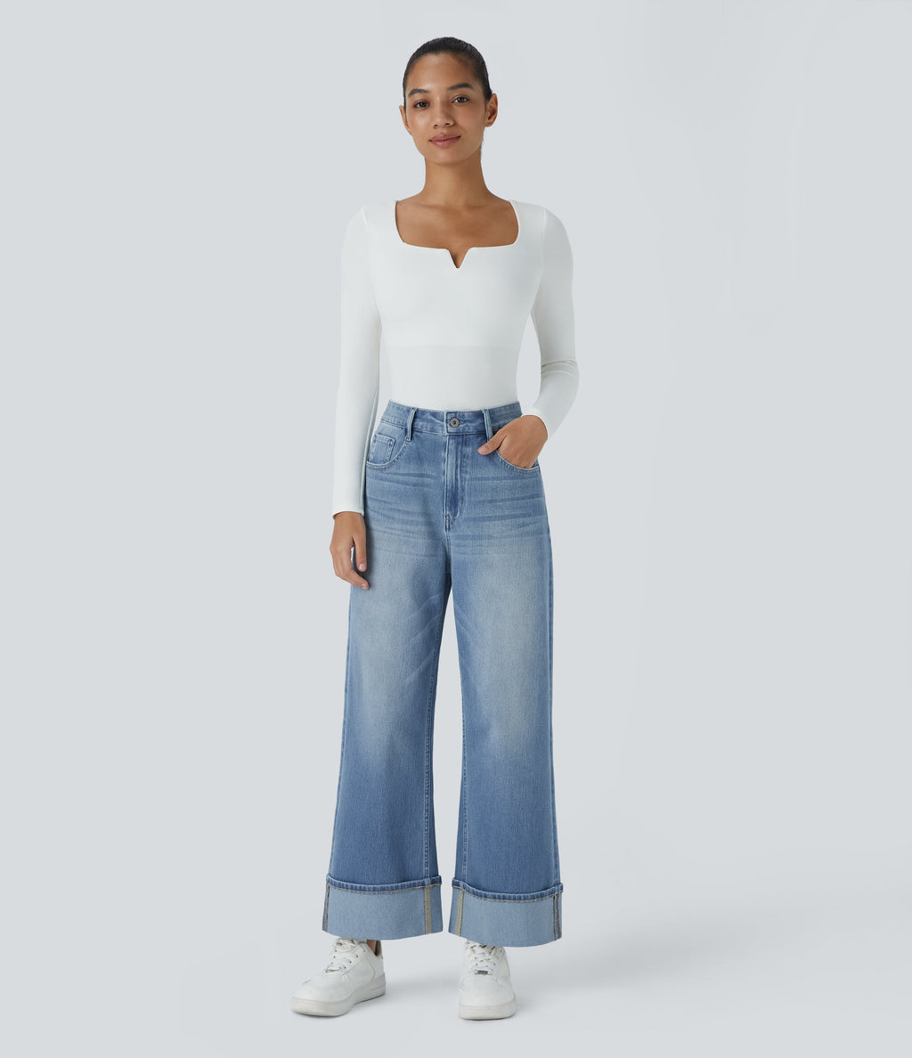 FlexTM High Waisted Multiple Pockets Rolled Hem Wide Leg Washed Stretchy Knit Casual Jeans