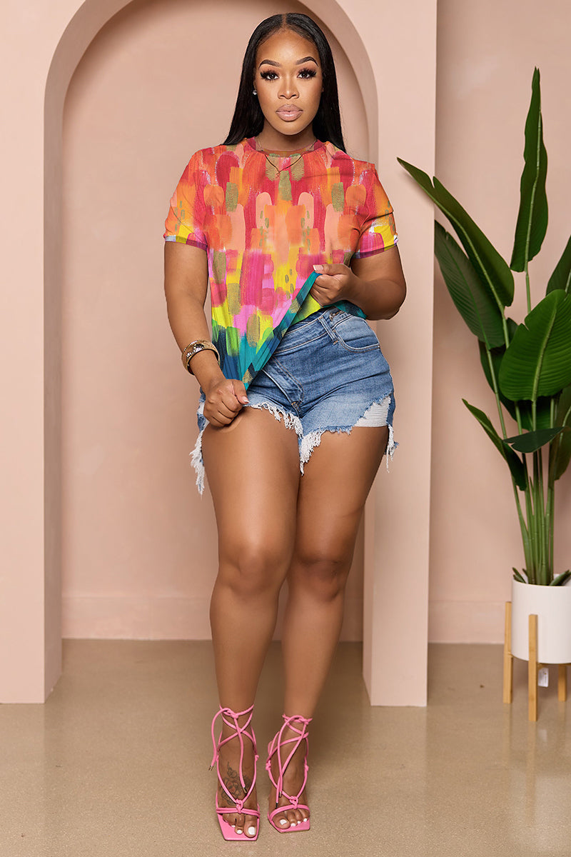 LORAGAL Colorblock Print Round Neck Casual T-Shirt
