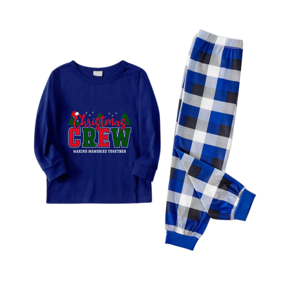 Christmas Family Matching Pajamas-Navy & White Plaid Pjs Set with "Christmas Crew Making Memories Together" Slogan Print