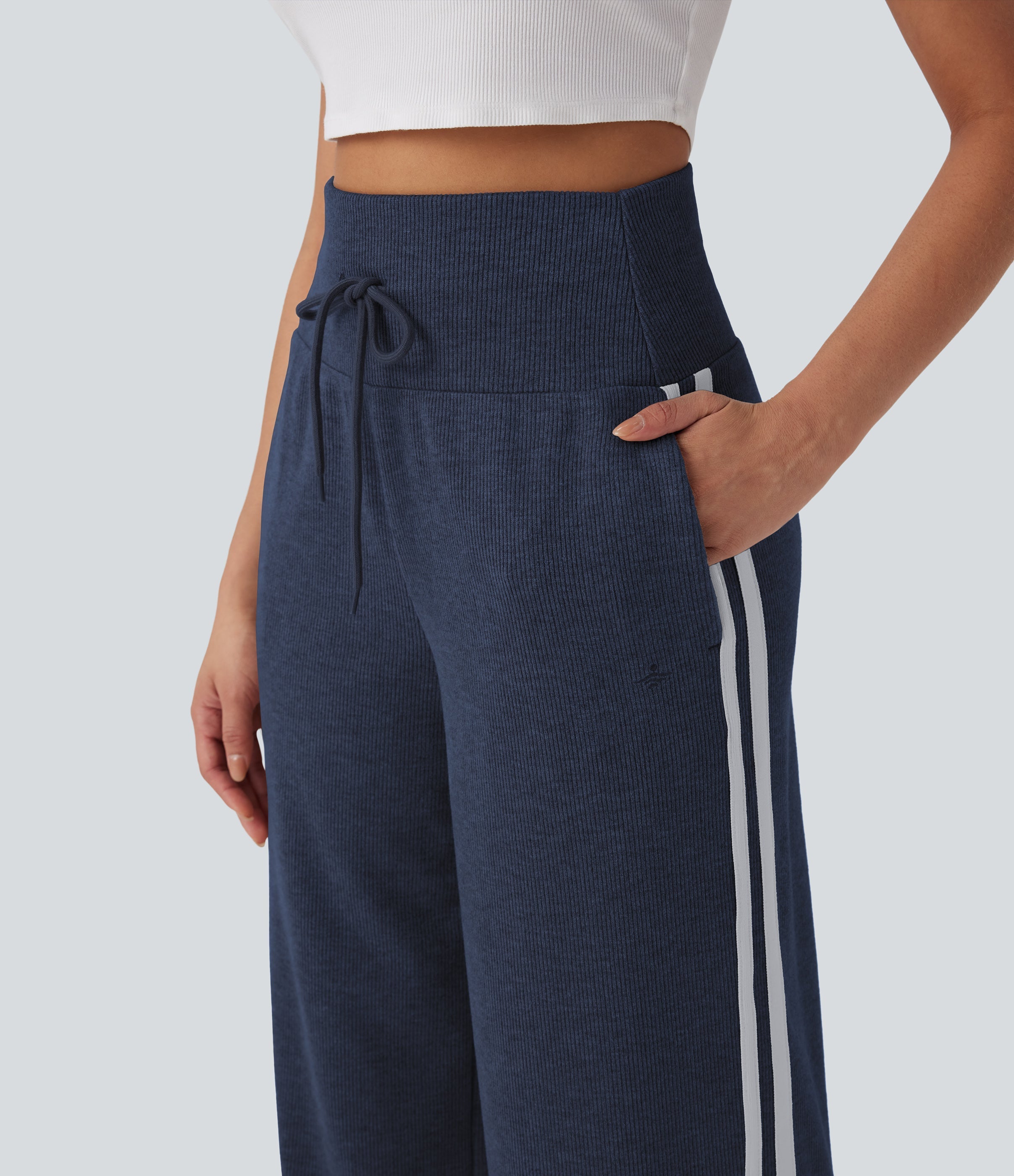 2026🔥 Ribbed SoCinched High Waisted Tummy Control Drawstring Wide Leg Color Block Casual Trousers with Pockets