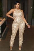 Halter Backless Cinch Waist Fringe Bodycon Party Jumpsuit-Gold