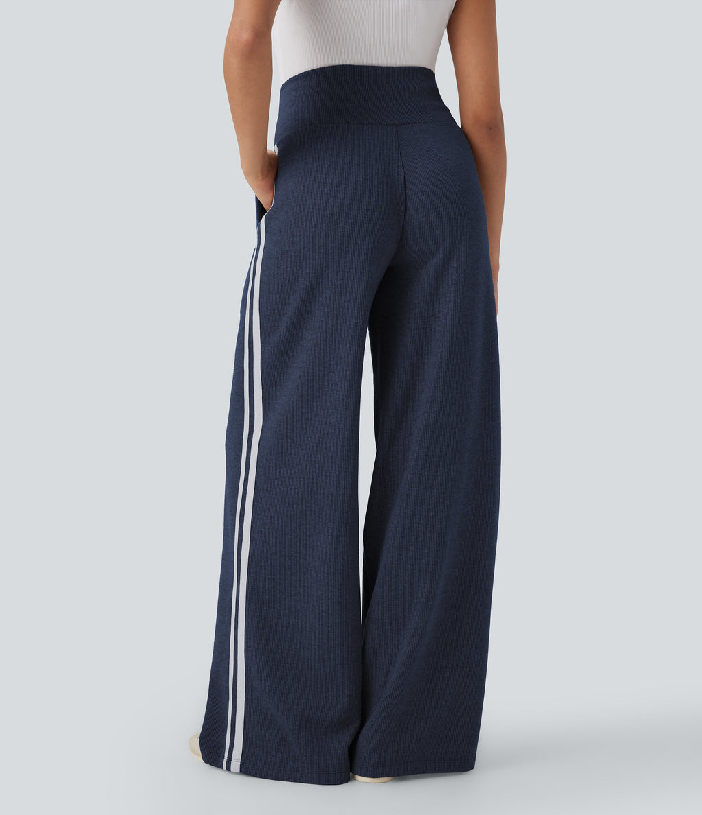 2026🔥 Ribbed SoCinched High Waisted Tummy Control Drawstring Wide Leg Color Block Casual Trousers with Pockets