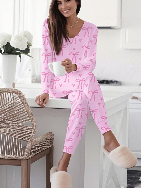Bow Print V-Neck Long Sleeve Top & Tie Waist Pants Set