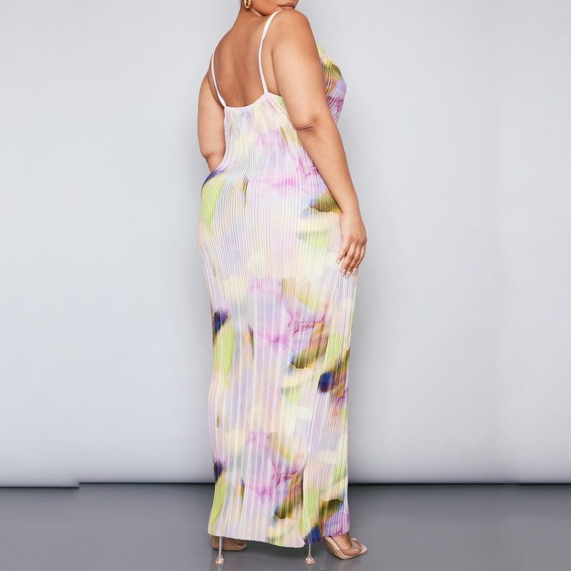 Multi Watercolour Plisse Strappy Maxi Dress