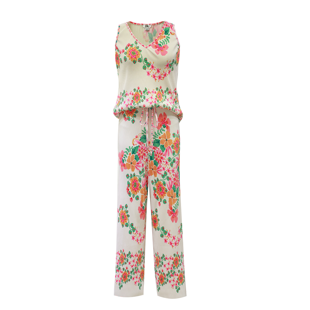 Colorful Floral Patterns V-Neck Vest Top & Pleated Pants