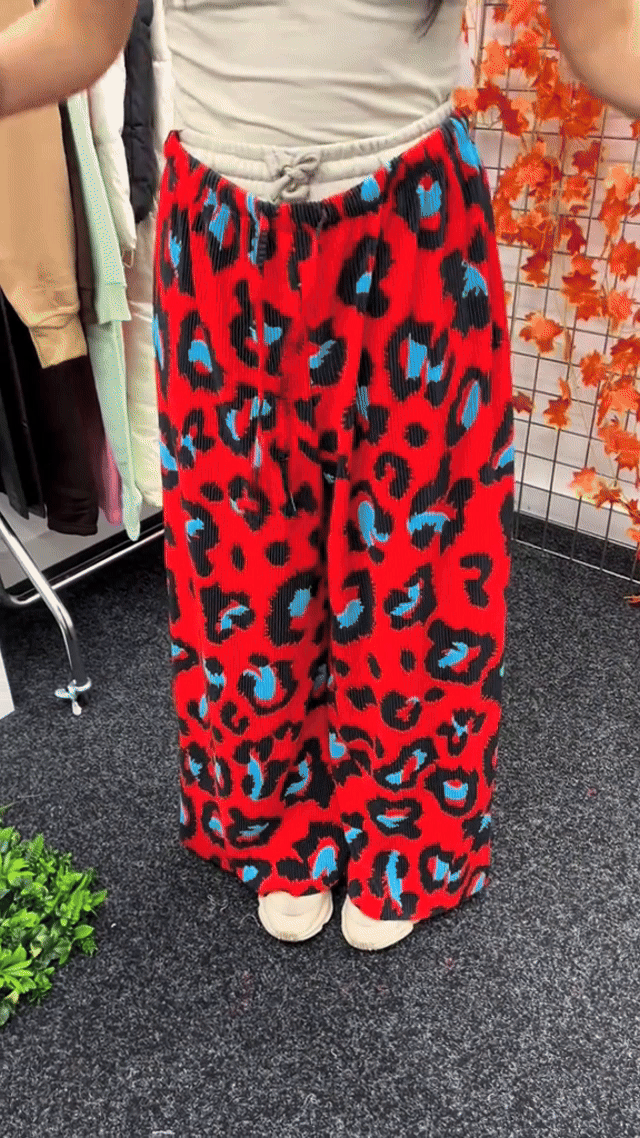 Red Leopard Abstract Print Wide-Leg Drawstring Palazzo Pleated Pants