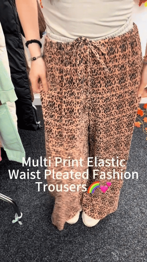 Brown Leopard Wide-Leg Drawstring Palazzo Pleated Pants