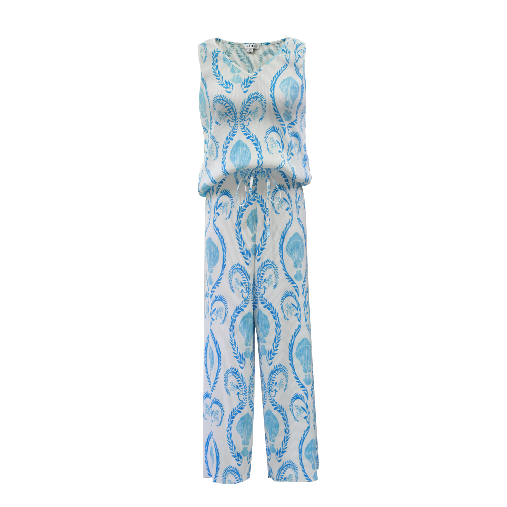 Blue Shell Motifs Prints Nautical V-Neck Vest Top & Pleated Pants