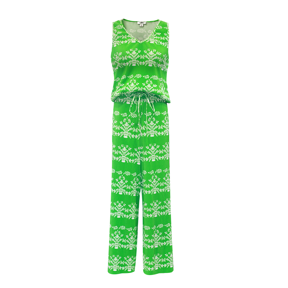 Green Elegant Floral Pot Patterns V-Neck Vest Top & Pleated Pants