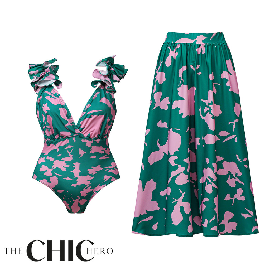 Indigo Chic Ruffled One Piece Swimwear&Skirt