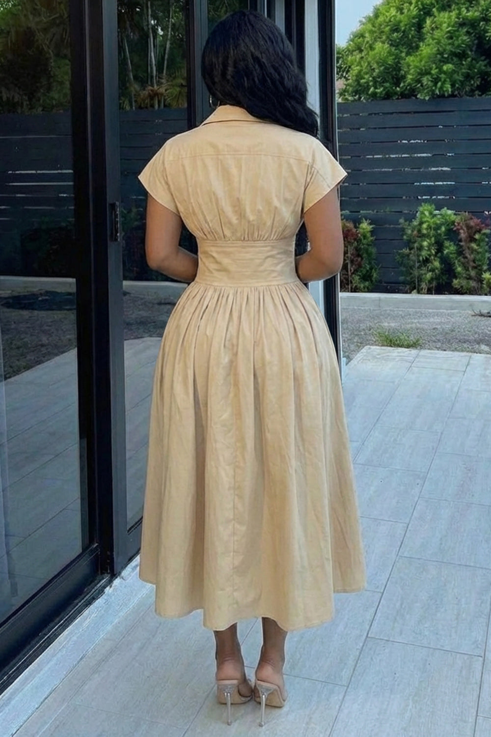 Turndown Collar Cinch Waist Ruched Casual Maxi Dresses-Khaki