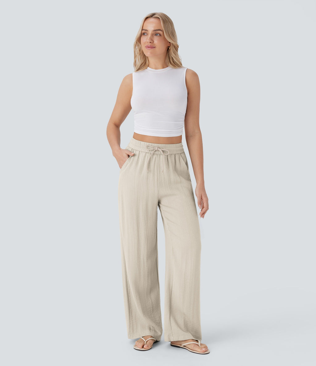 Women Summer High Waisted Drawstring Pocket Wide Leg Casual Linen-Feel Pants