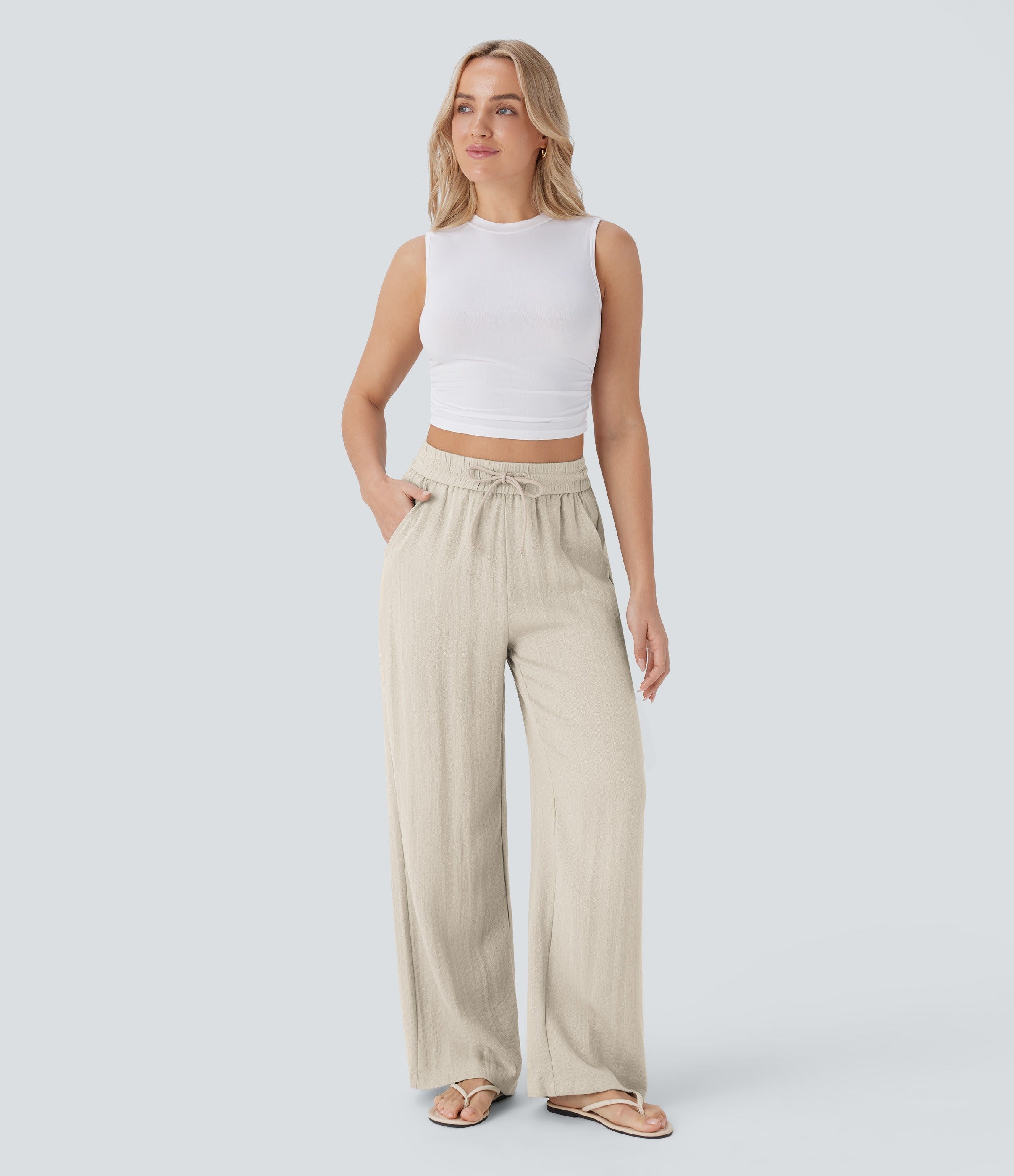 Women Summer High Waisted Drawstring Pocket Wide Leg Casual Linen-Feel Pants