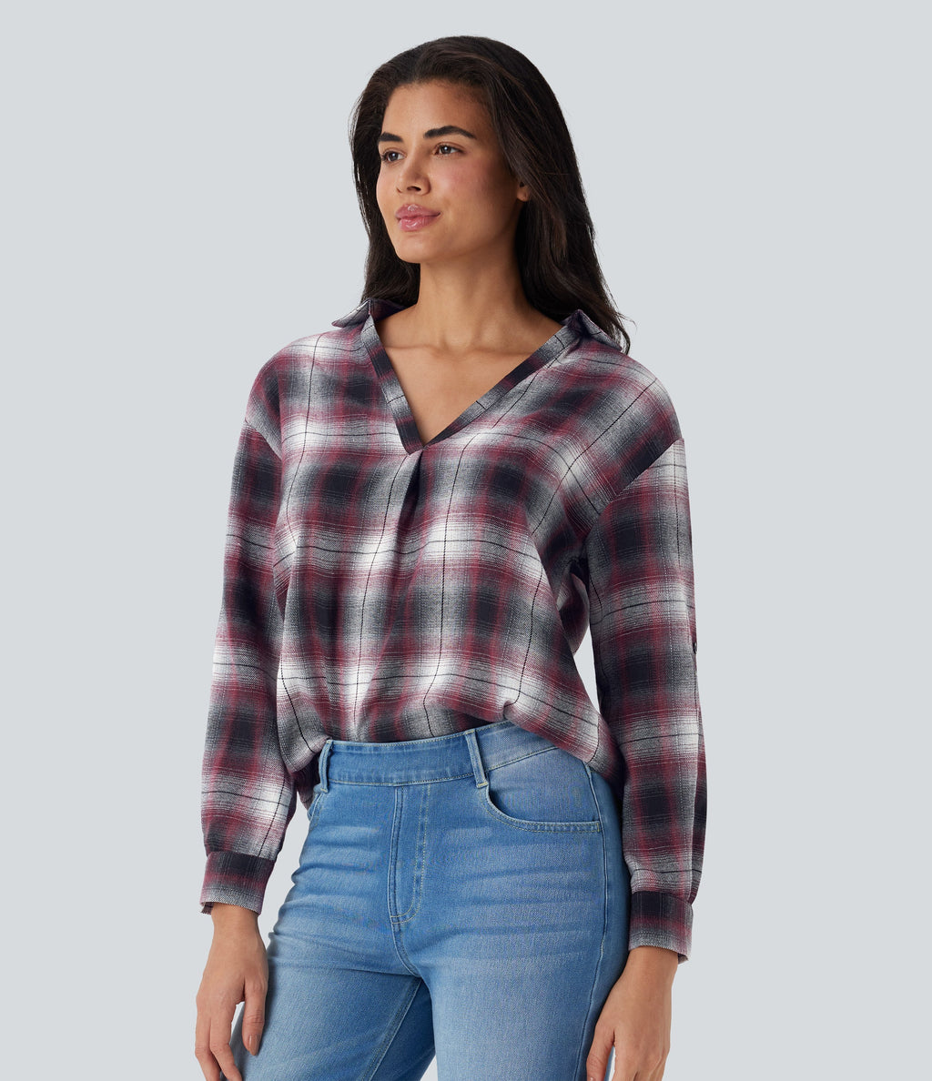 V Neck Curved Hem Plaid Casual Blouse