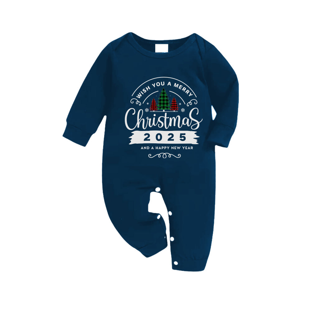 Christmas Family Matching Pajamas-Navy & Sky Blue Plaid Pjs Set with "Wish You A Merry Christmas 2025" Print