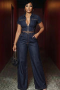 Denim Zip Up Short Sleeve Top Wide Leg Pants Casual 2pcs Set-Navy