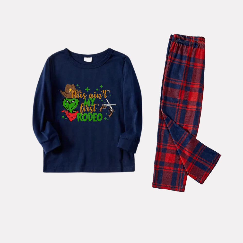 Christmas Family Matching Pajamas-Navy & Red Plaid Pjs Set with "This Ain't My First Rodeo" and Grinch Cartoon Print