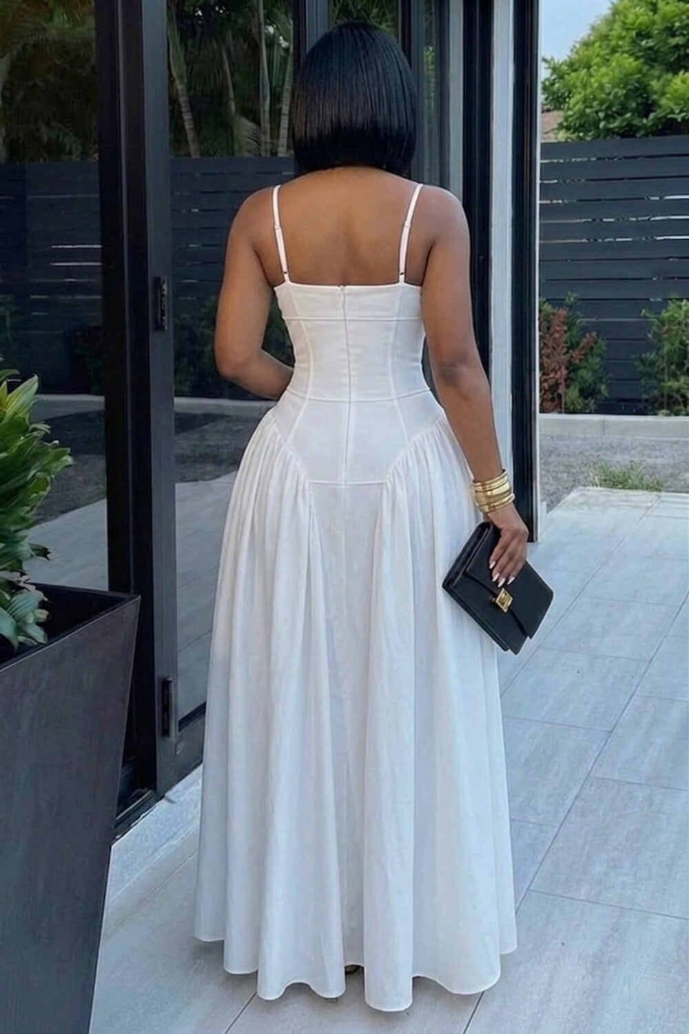 Spaghetti Strap Cinch Waist Solid Color Casual Maxi Dresses-White