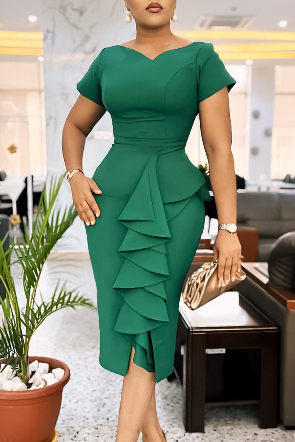 V Neck Short Sleeve Bodycon Ruffled OL Style Midi Dresses-Green
