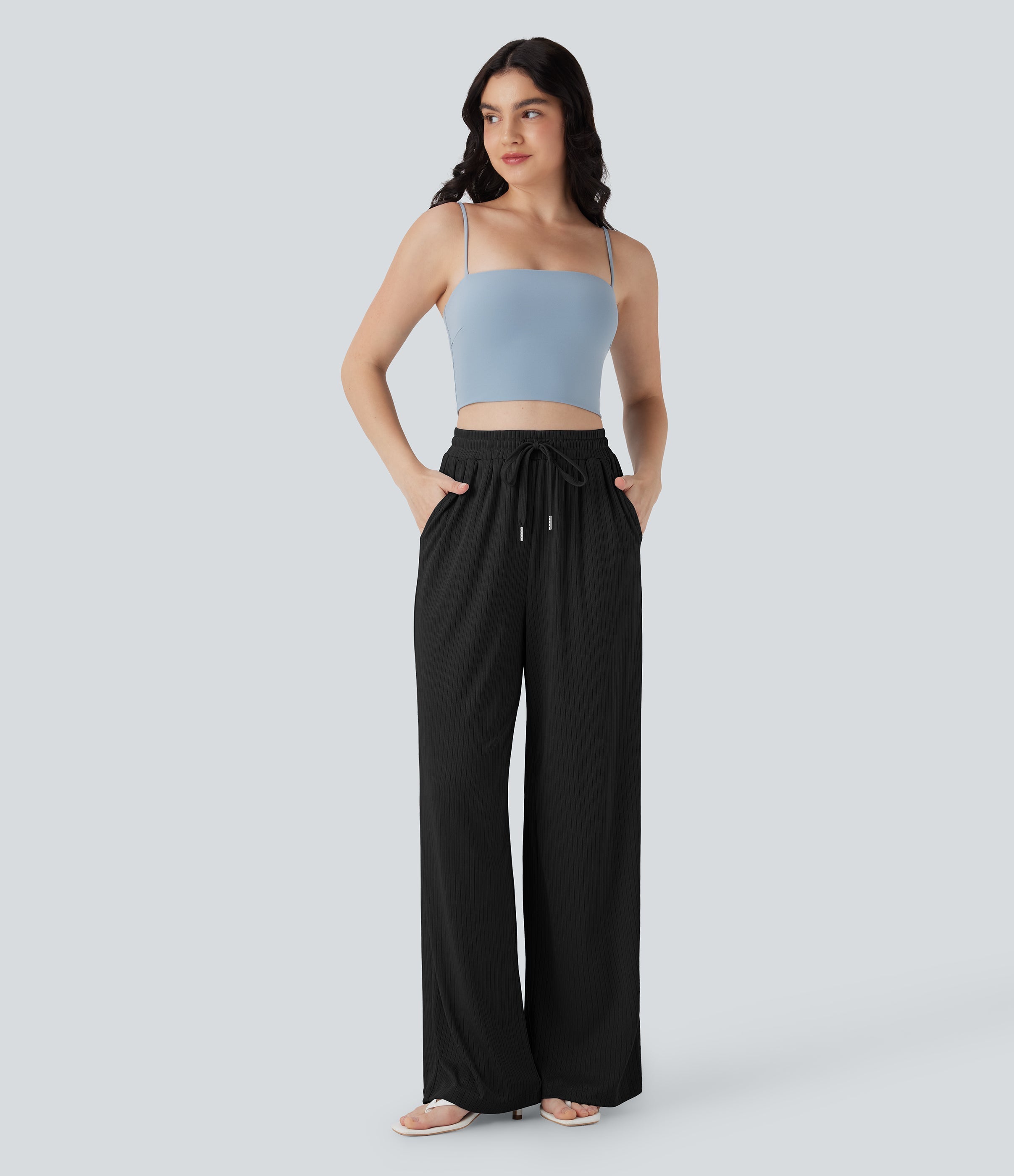 Ribbed Knit High Waisted Drawstring Straight Leg Casual Pants with Pockets