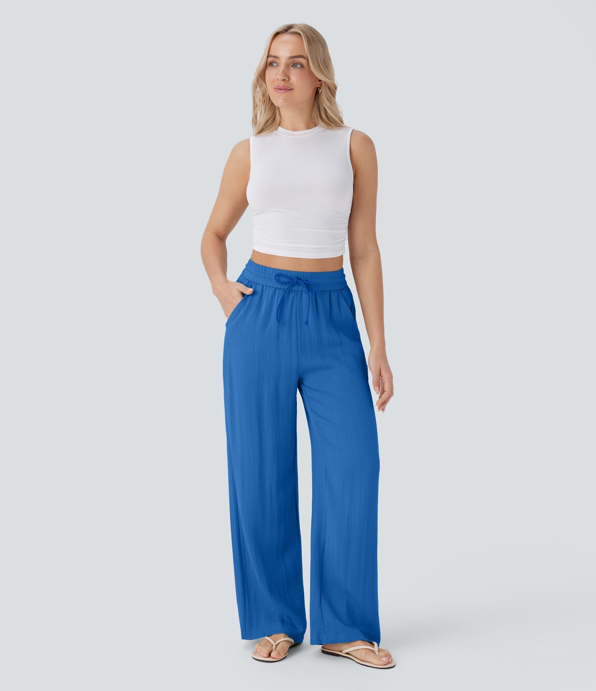 Women Summer High Waisted Drawstring Pocket Wide Leg Casual Linen-Feel Pants