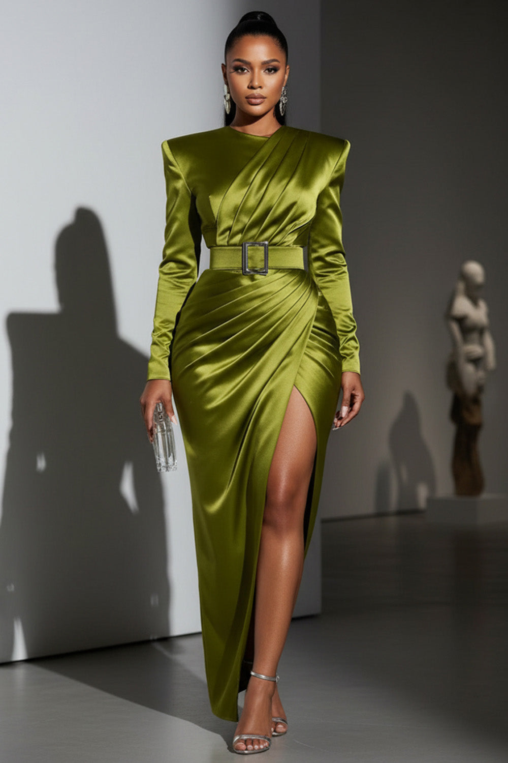 Shoulder Padded Wrinkle Overlap Slit Party Maxi Dresses-Green